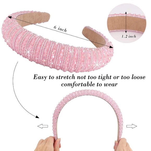 Elegant Beaded Light Pink Silver Padded Hair Headband